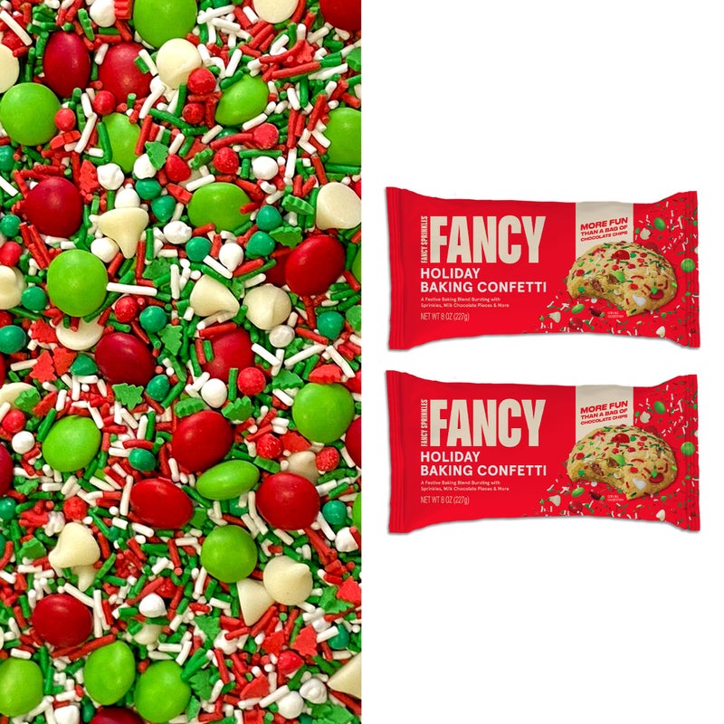 Fancy Sprinkles Limited Edition Holiday Baking Confetti Sprinkles and Chocolate Pieces, Candy-Coated Chocolatey Morsels, Christmas Tree Pieces, Vanilla Chips 8 oz Bag (2 Pack) - Image 1